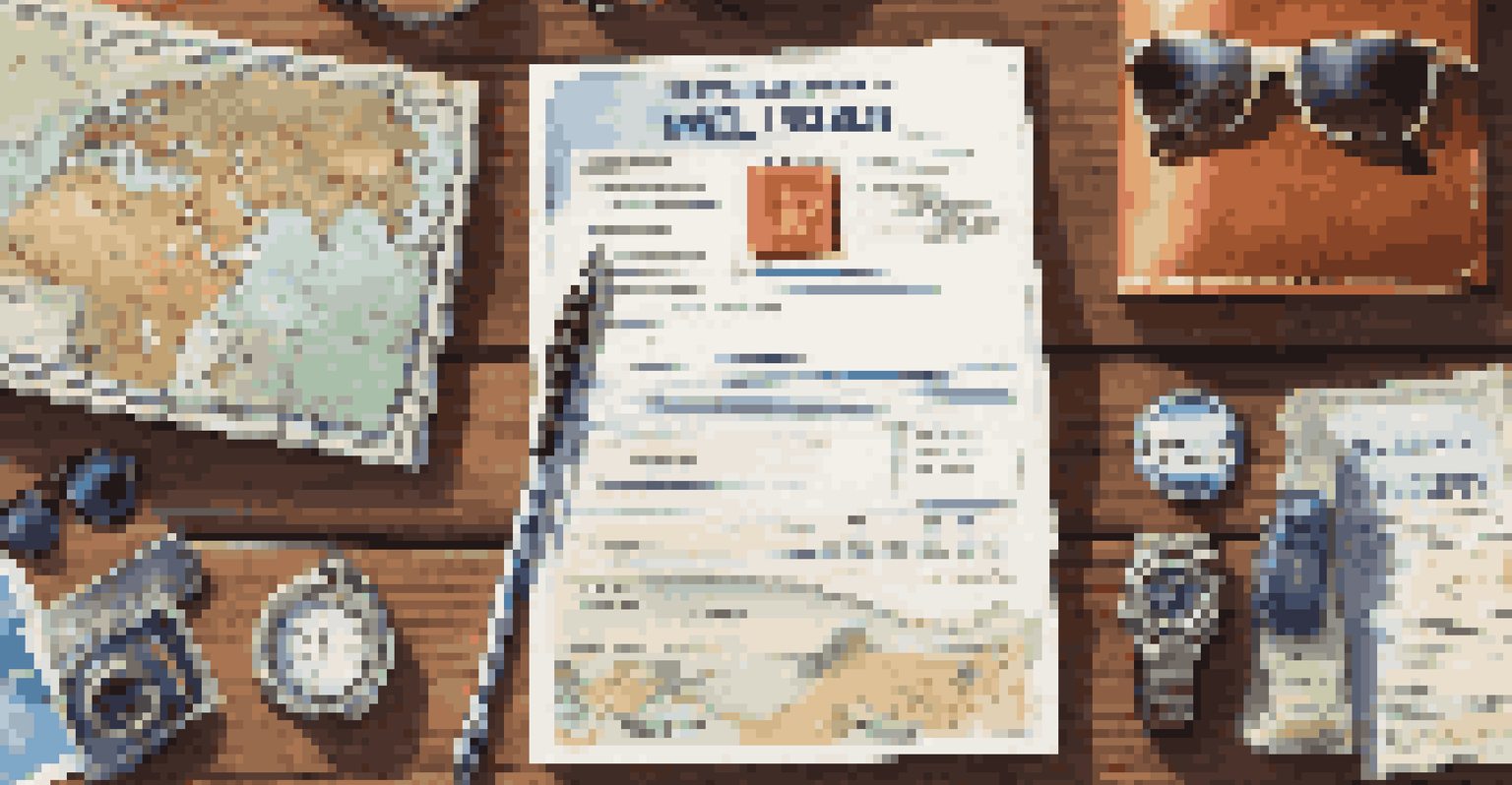 A travel insurance document on a wooden table with travel essentials like a passport and map.