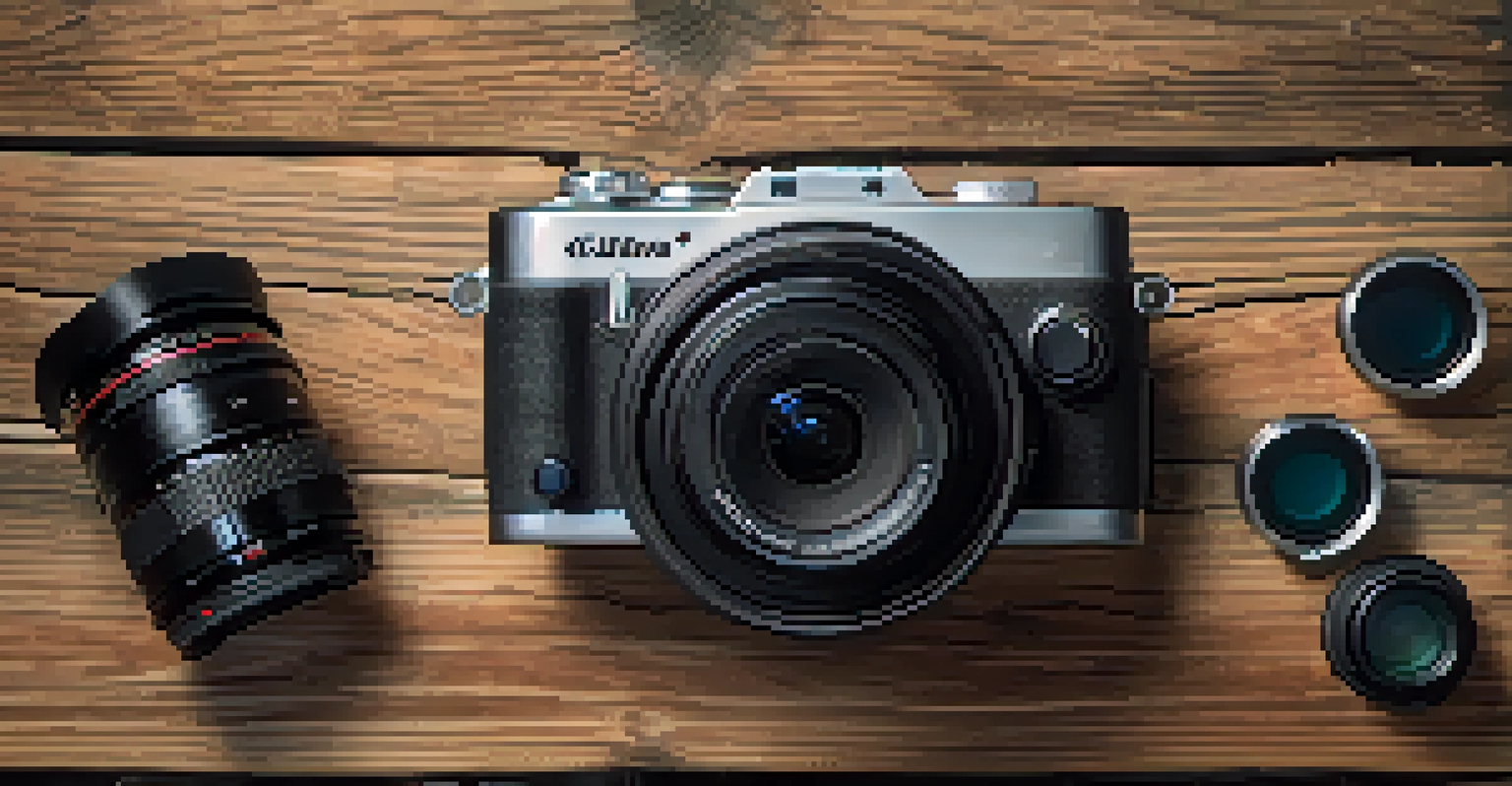 A travel camera and photography accessories arranged on a wooden table, including a tripod and lenses.