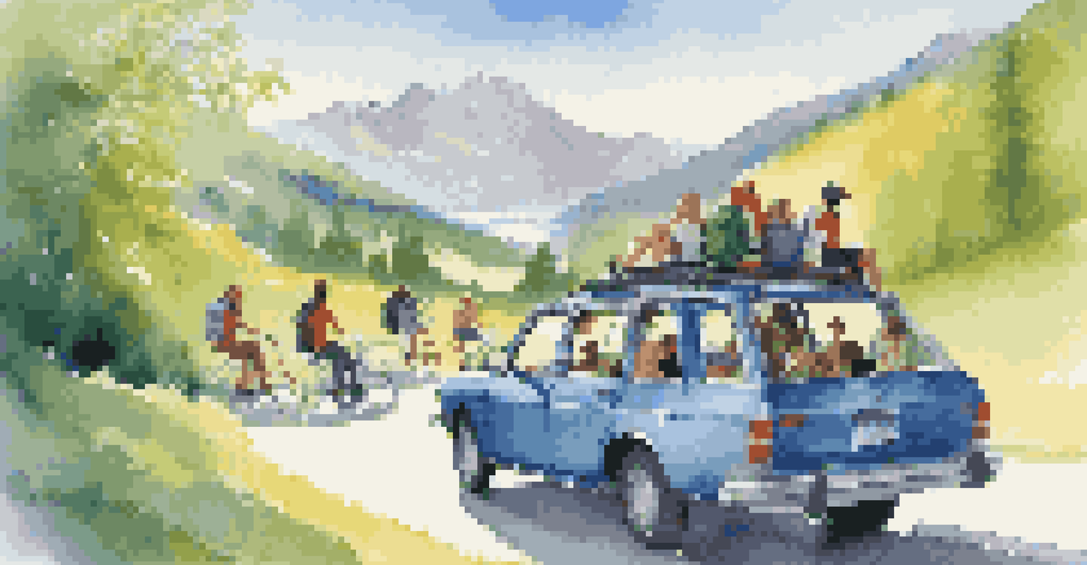 A group of friends in a car, enjoying a sunny day, surrounded by beautiful nature.