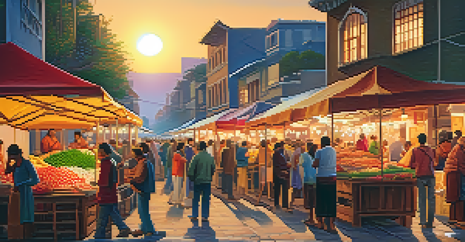 A lively street market filled with vendors and shoppers, showcasing colorful produce and crafts under a sunset sky.