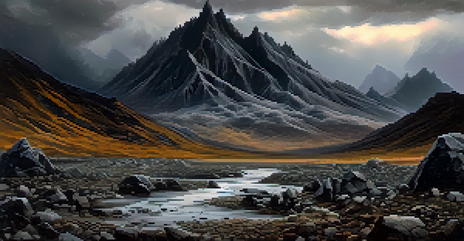 A dramatic landscape of Mordor with rugged volcanic mountains and dark rocks under an overcast sky.