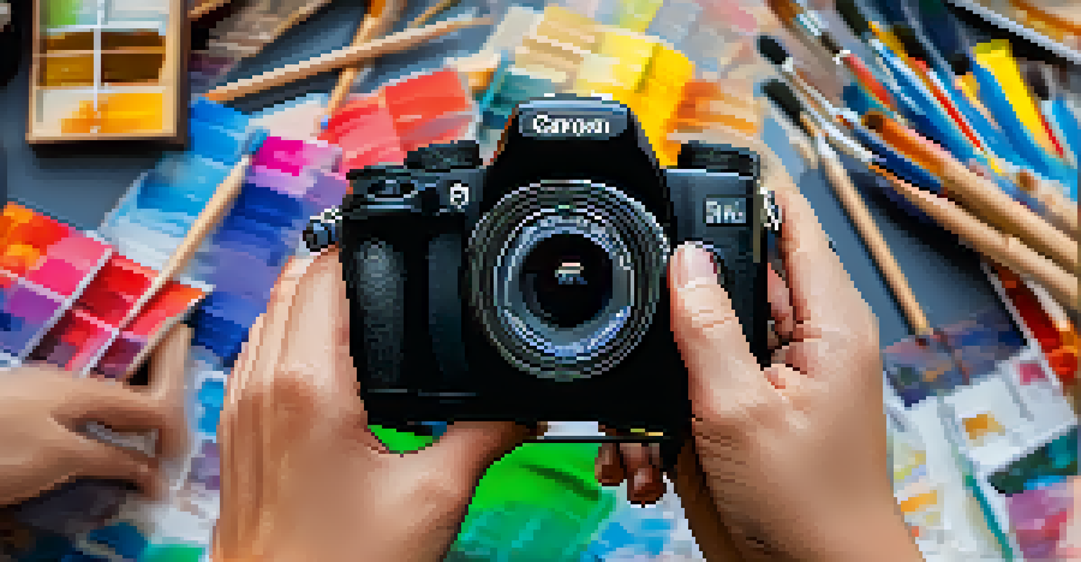A close-up of a photographer's hands adjusting camera settings with a blurred photography contest backdrop.