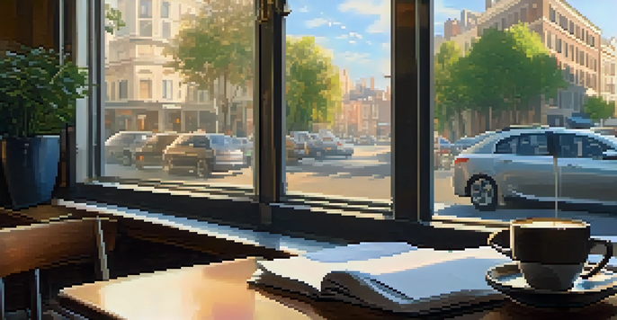 A cozy cafe workspace with a laptop and a cup of coffee, illuminated by soft morning light.