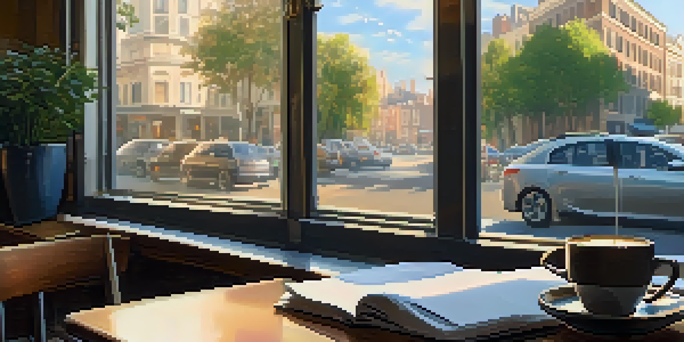 A cozy cafe workspace with a laptop and a cup of coffee, illuminated by soft morning light.