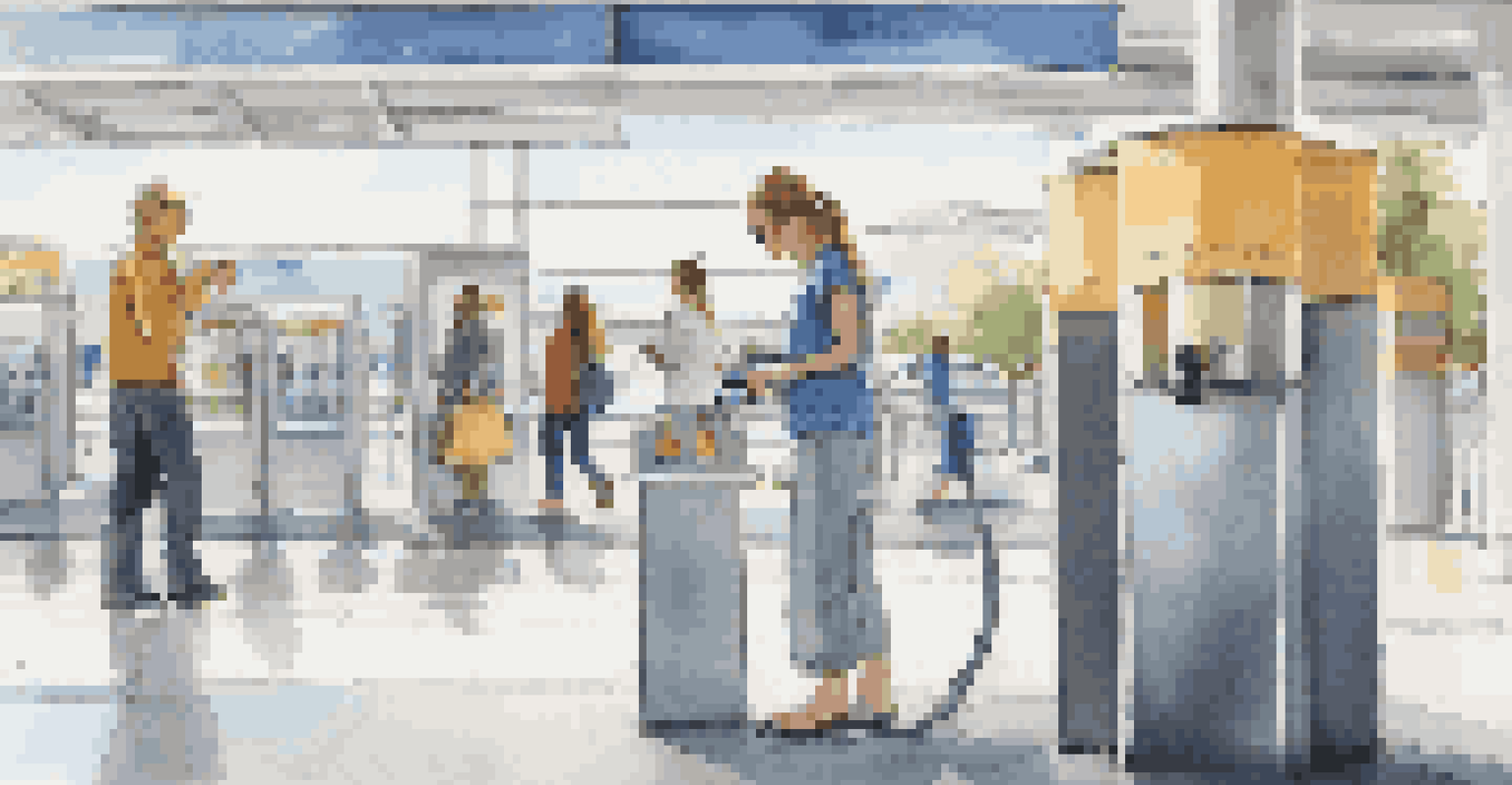 A reusable water bottle being filled at an airport water refill station, emphasizing eco-friendliness.