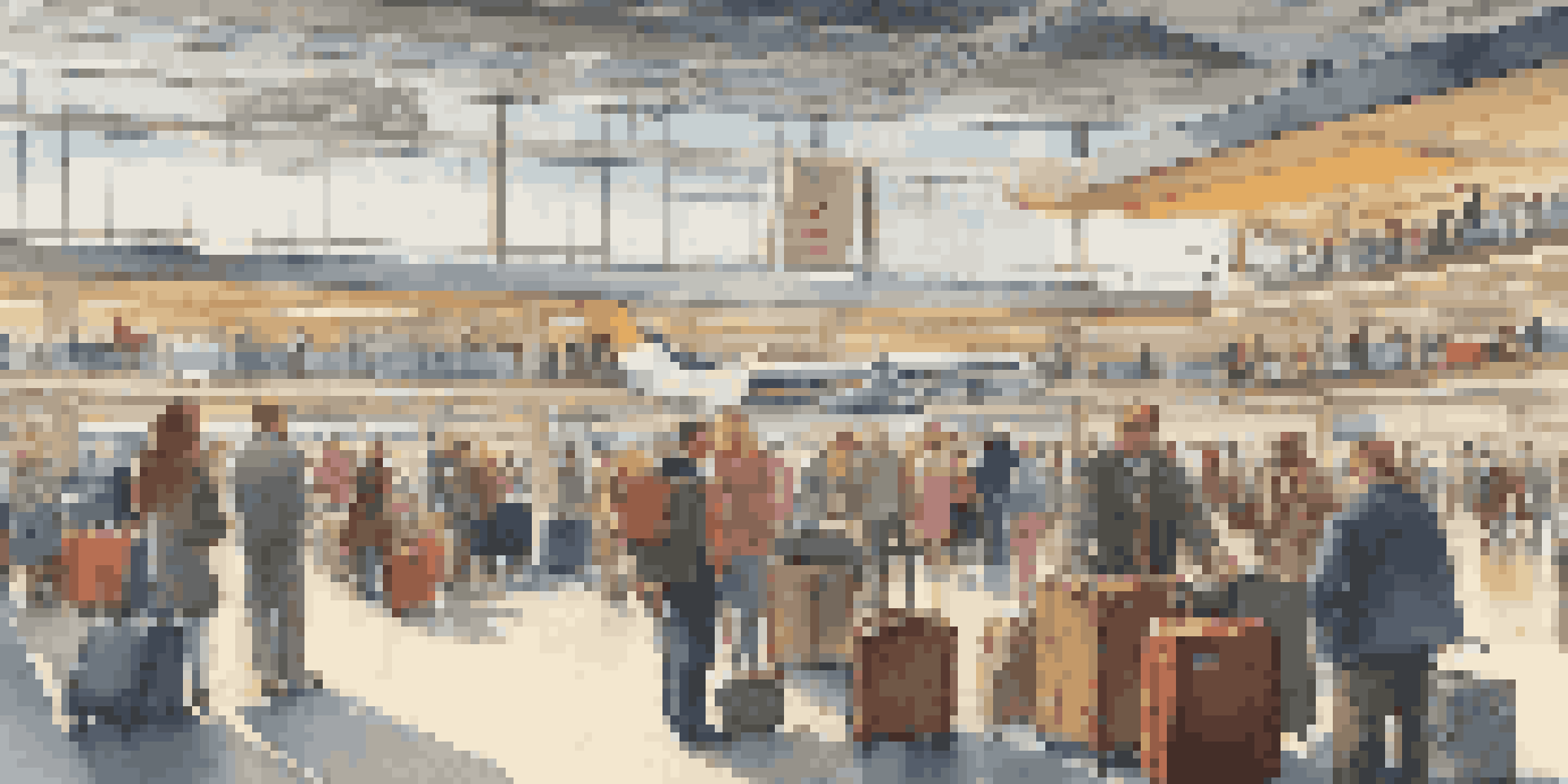 A crowded airport terminal where travelers appear worried about lost luggage, with a bright baggage claim area filled with various suitcases.