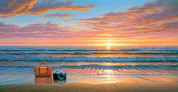 A sunset over the ocean with a camera bag on the sand, revealing camera gear inside.
