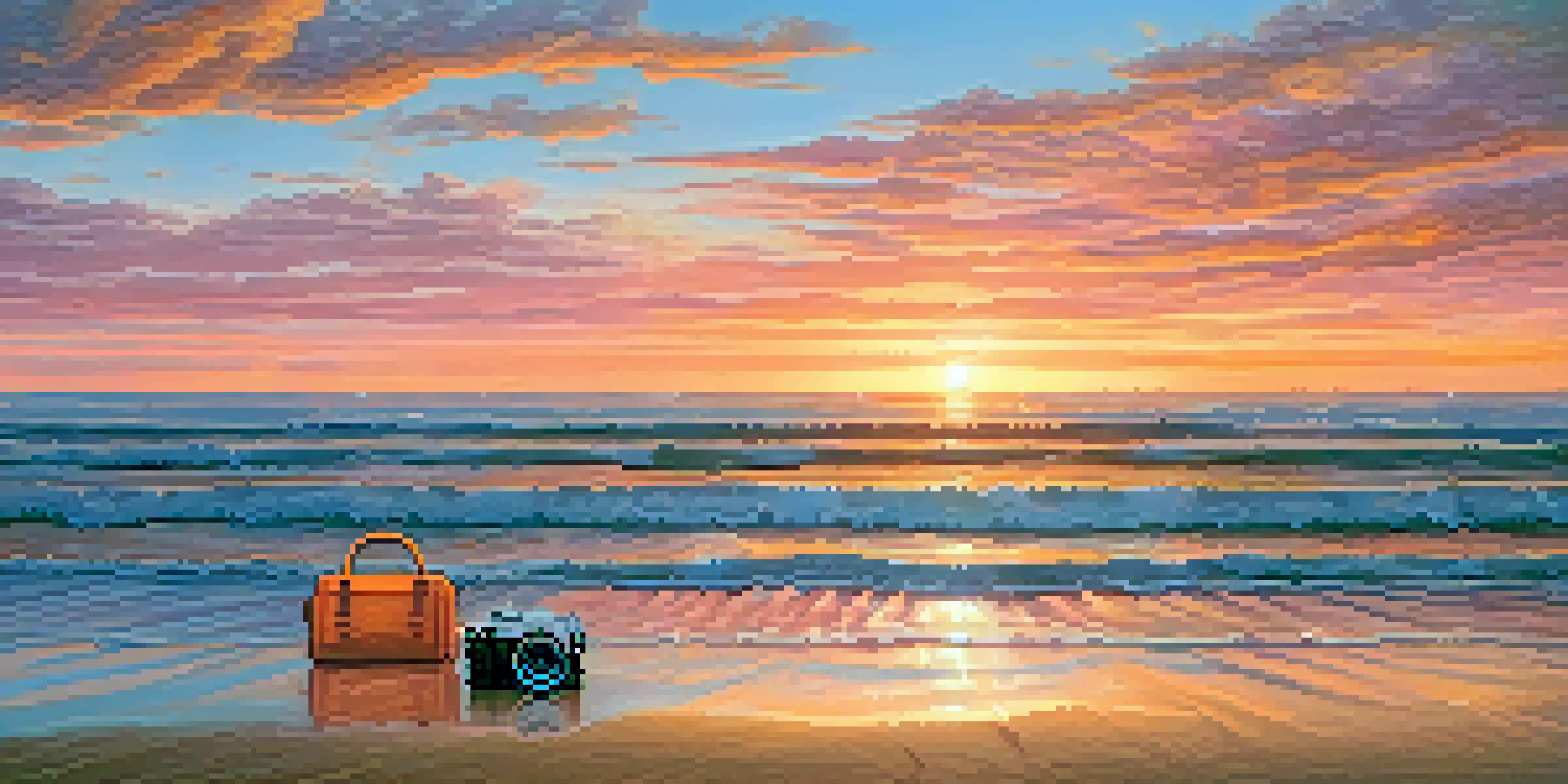 A sunset over the ocean with a camera bag on the sand, revealing camera gear inside.