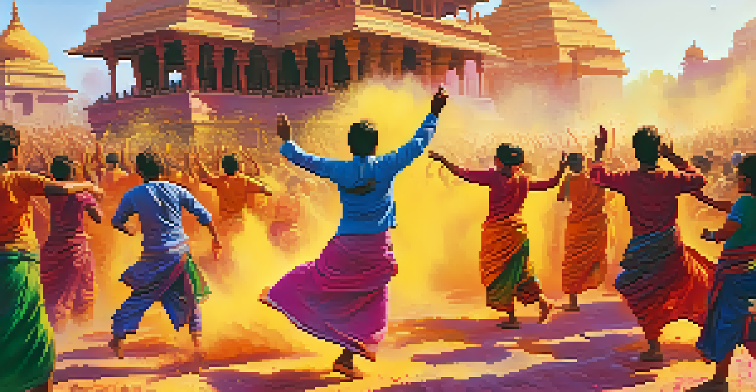 Participants celebrating the Holi Festival in India, throwing colorful powders with historical temples in the background.