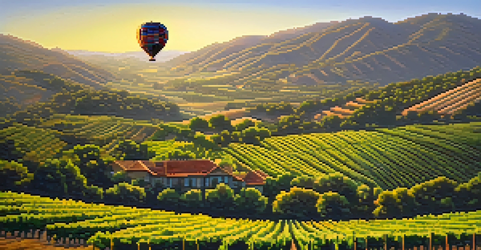A hot air balloon rises above Napa Valley vineyards, showcasing vibrant patches of green and gold under the morning sun.