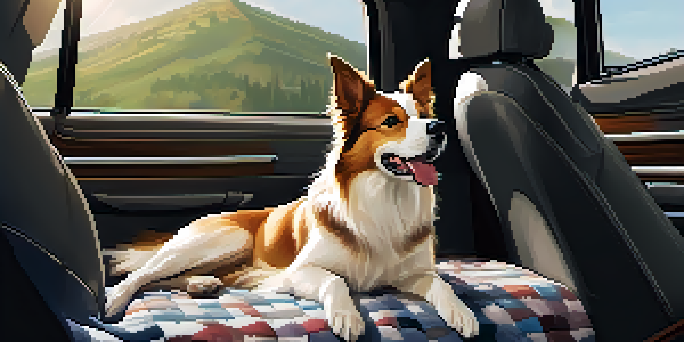 A happy dog lying on a blanket in the backseat of a spacious car, with sunlight shining through the windows.