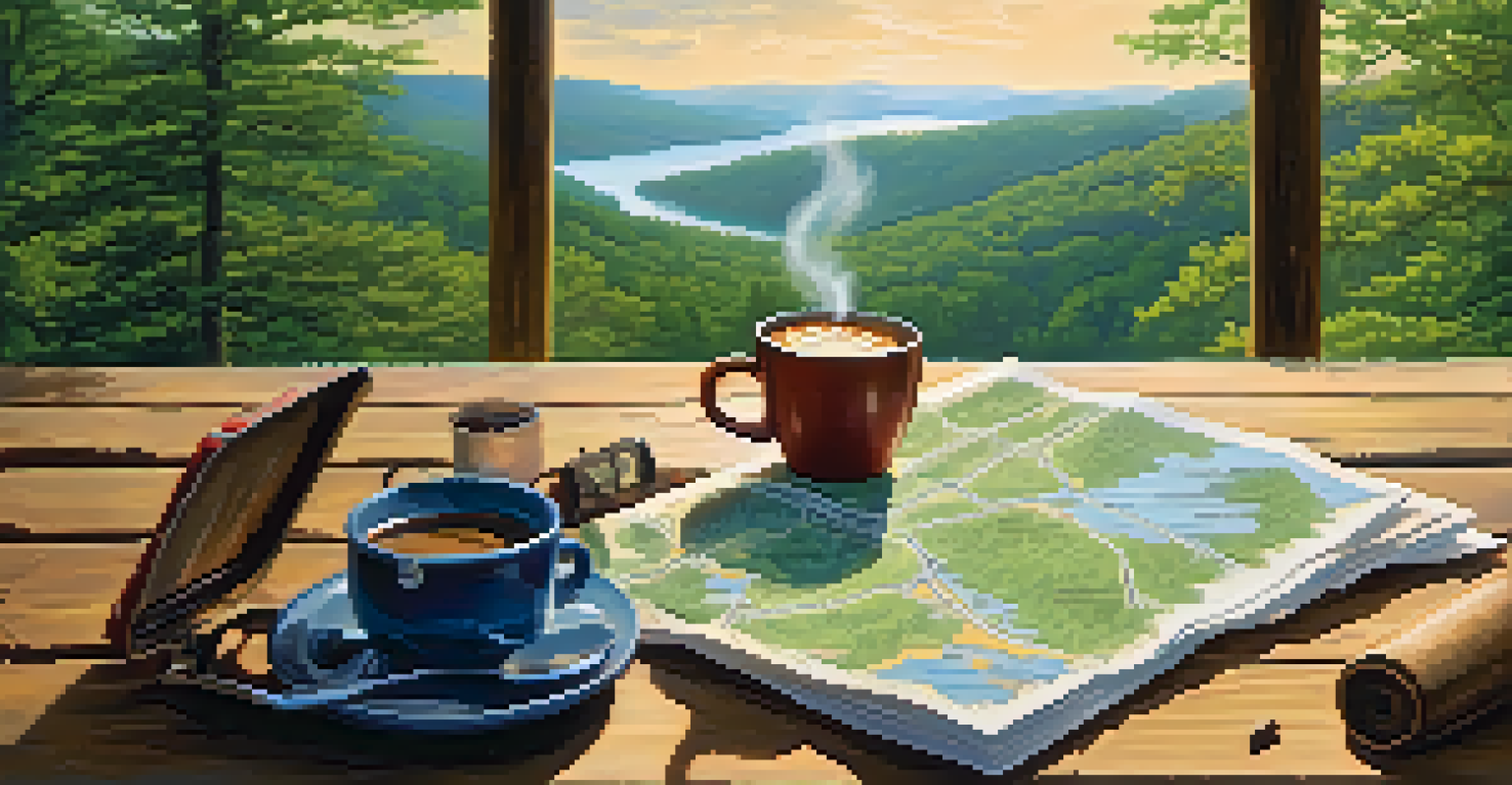 A cozy camping setup with a cup of coffee and a map, overlooking the Ozark National Forest.