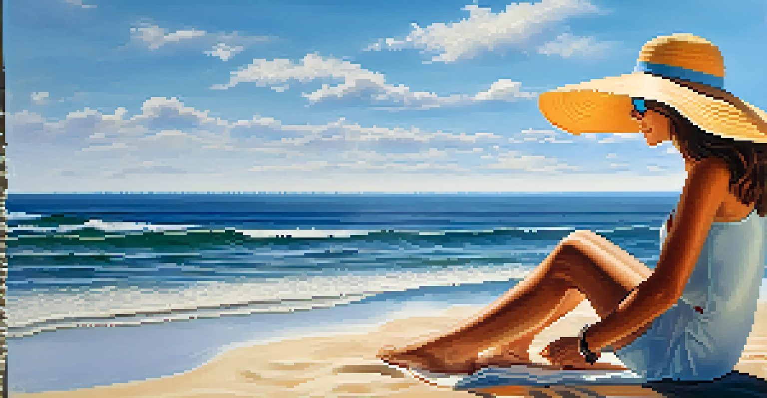 A woman applying sunscreen on the beach, equipped with a hat and sunglasses, ready for a sunny day.