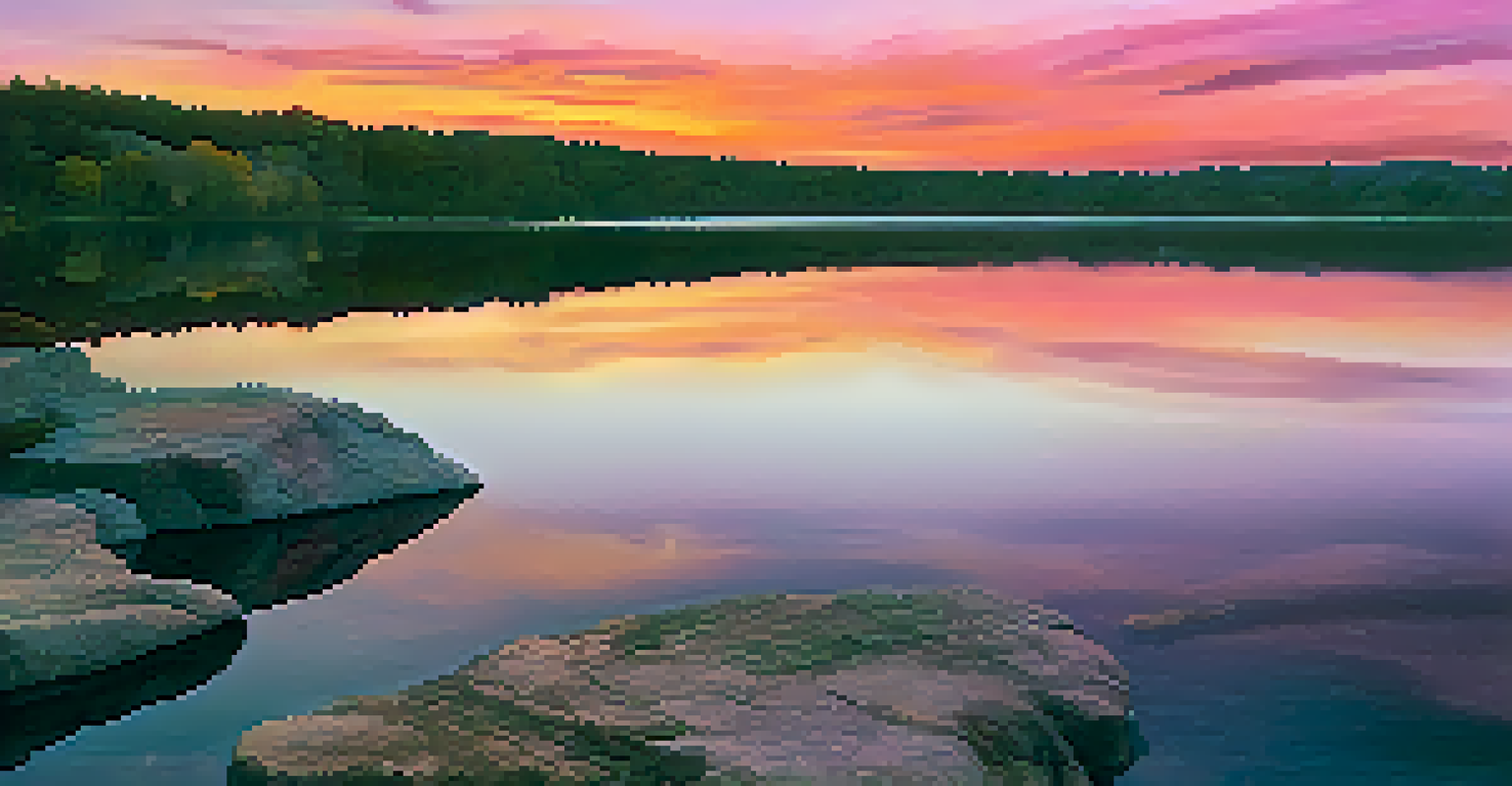 A compact camera placed on a rocky ledge with a stunning sunset over a calm lake in the background.