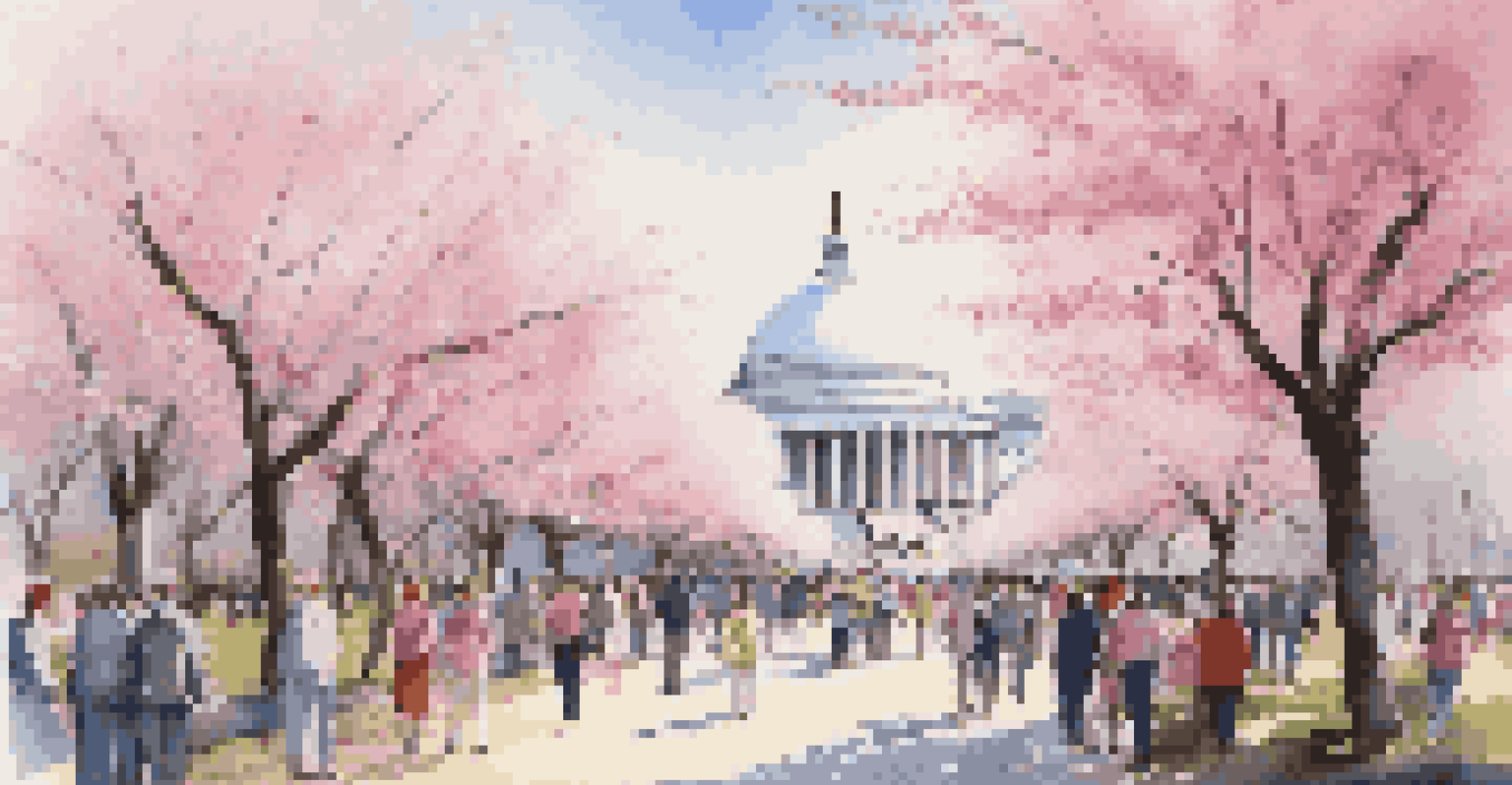 A beautiful scene of the National Cherry Blossom Festival with blooming cherry trees, pink flowers, attendees enjoying the festival, and cultural activities in the background.