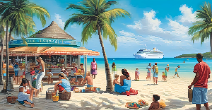 A family building a sandcastle on a beach at a cruise port, with turquoise waters and palm trees in the background.