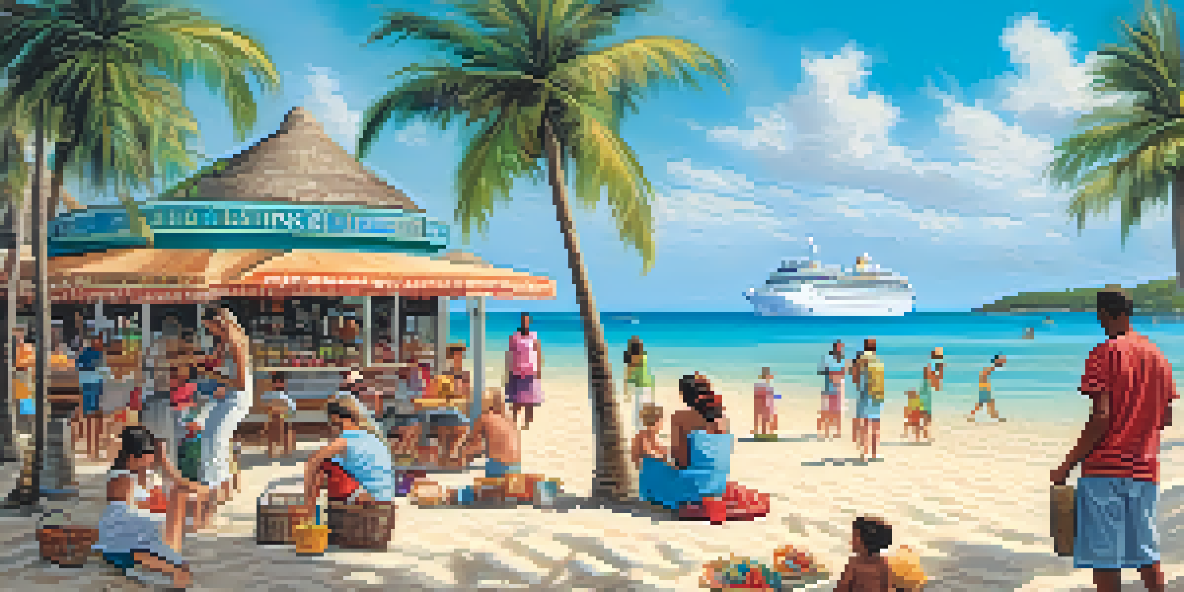 A family building a sandcastle on a beach at a cruise port, with turquoise waters and palm trees in the background.