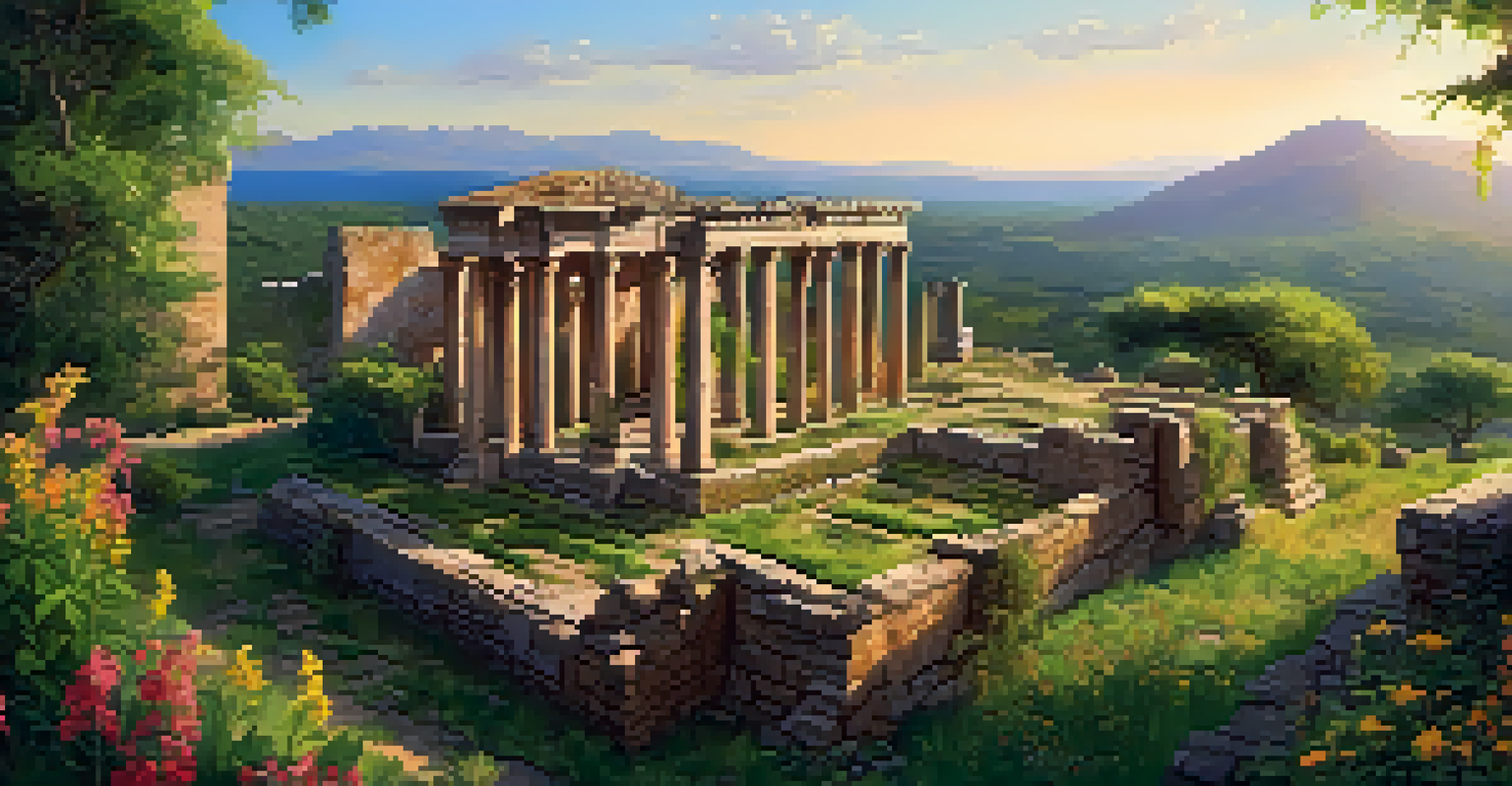 An aerial shot of ancient ruins embraced by colorful wildflowers and greenery under warm golden hour light.