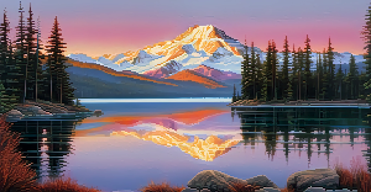 A tranquil lake reflecting snowy mountains at sunrise, with orange and pink hues in the sky.