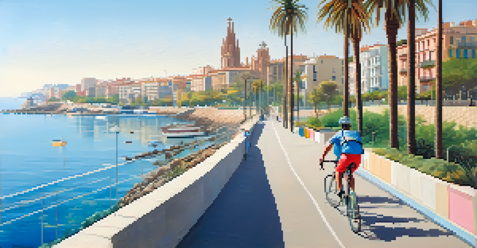 A cyclist riding along a coastal path in Barcelona, surrounded by colorful buildings and palm trees.