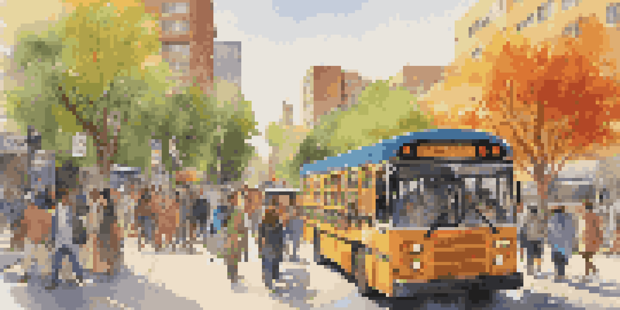 A busy city bus stop with a diverse group of travelers, colorful buses, and sunlight creating a warm atmosphere.