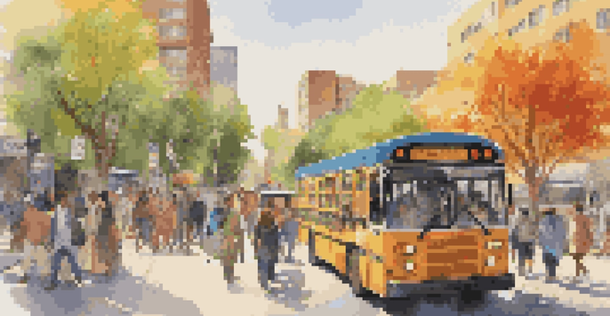 A busy city bus stop with a diverse group of travelers, colorful buses, and sunlight creating a warm atmosphere.