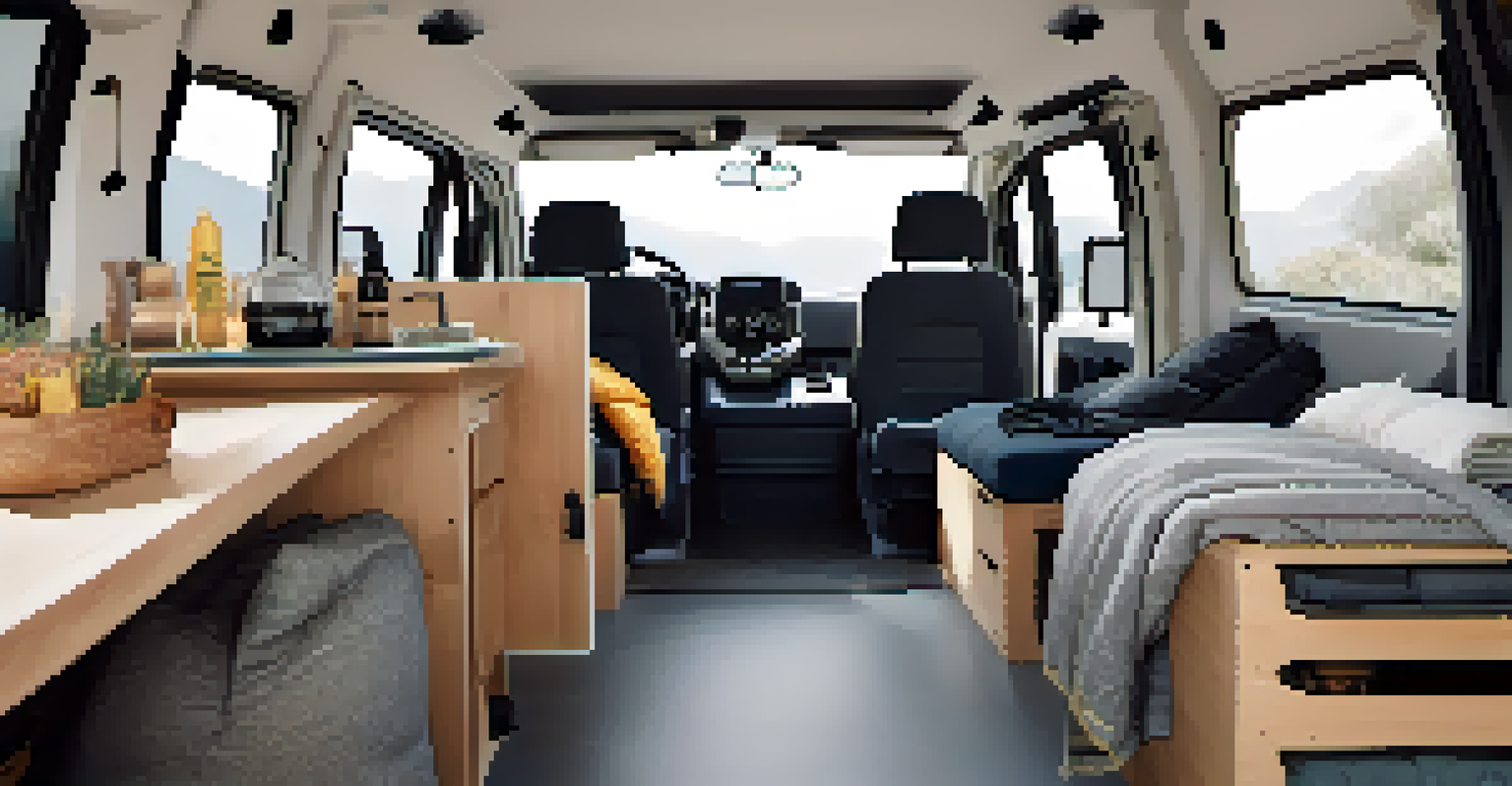 The interior of a van showcasing organized storage, comfortable pillows, and natural light coming through a window.