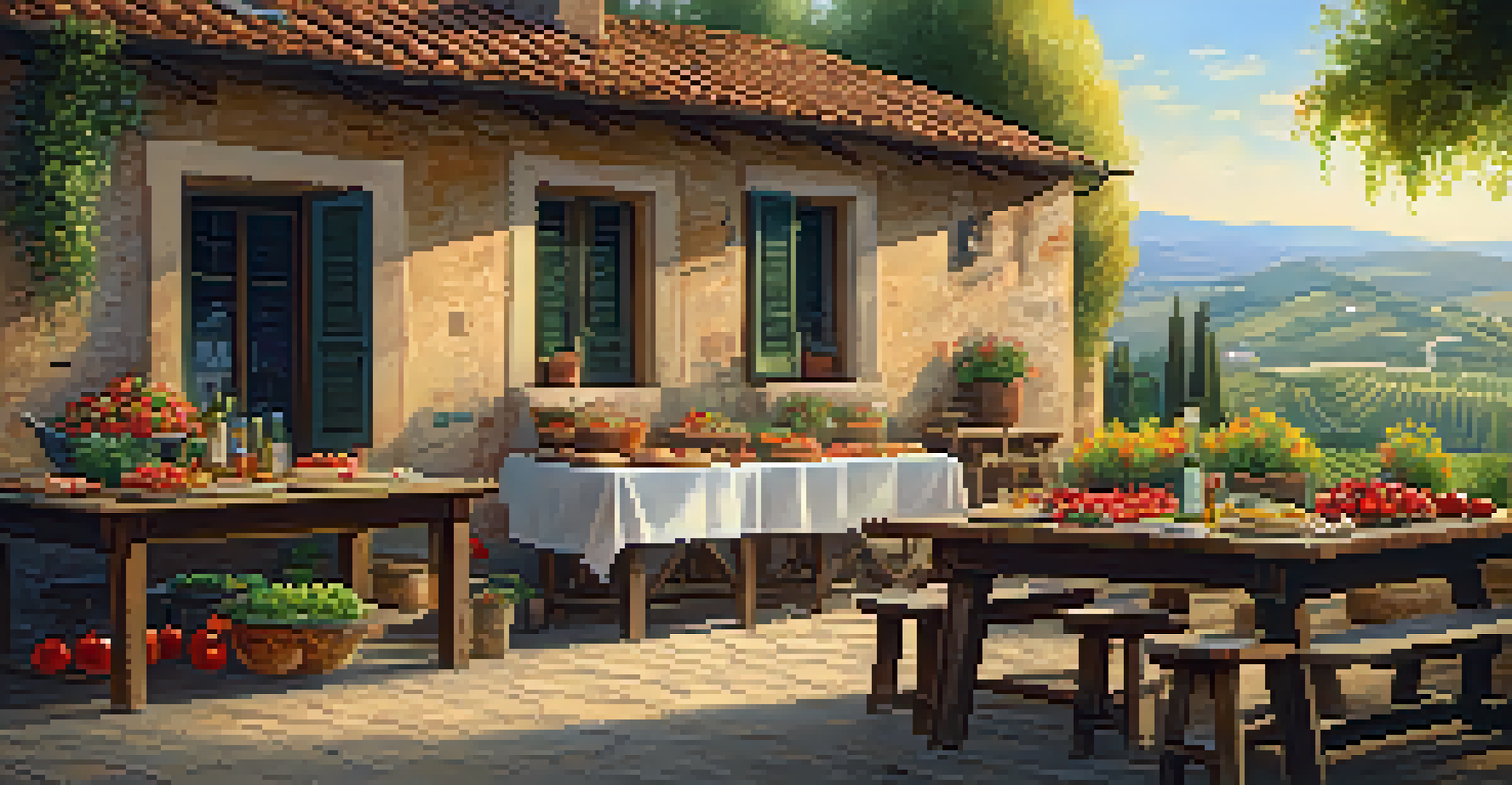 People participating in a culinary workshop in a beautiful Italian courtyard, cooking with fresh ingredients under the warm sunlight.