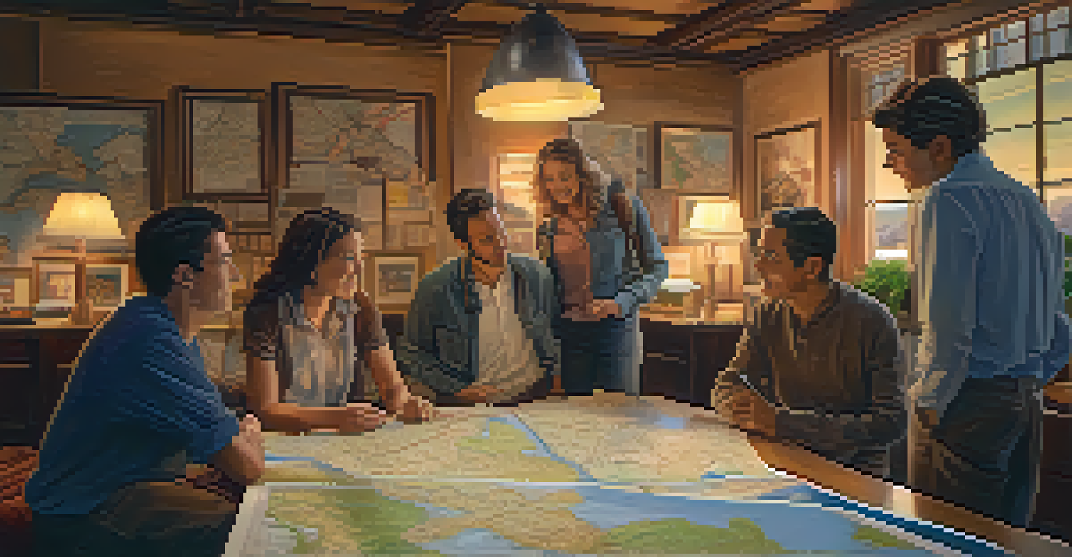 A group of travelers brainstorming together in a cozy room filled with maps and brochures, looking excited and engaged.