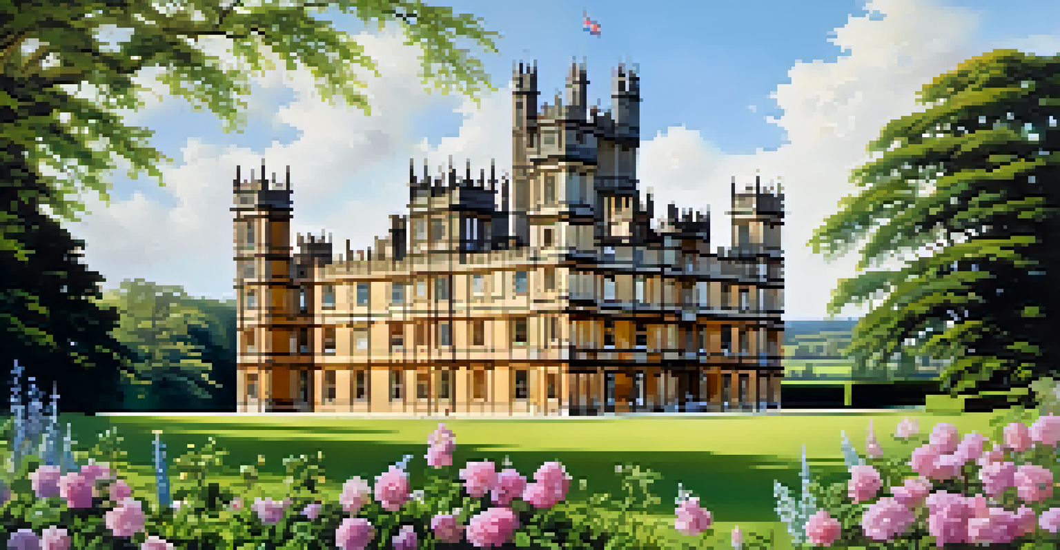 A stunning view of Highclere Castle surrounded by blooming gardens and a clear blue sky.