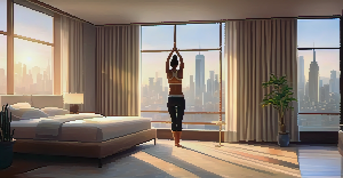 A person doing yoga stretches in a bright hotel room with a view of the city skyline.