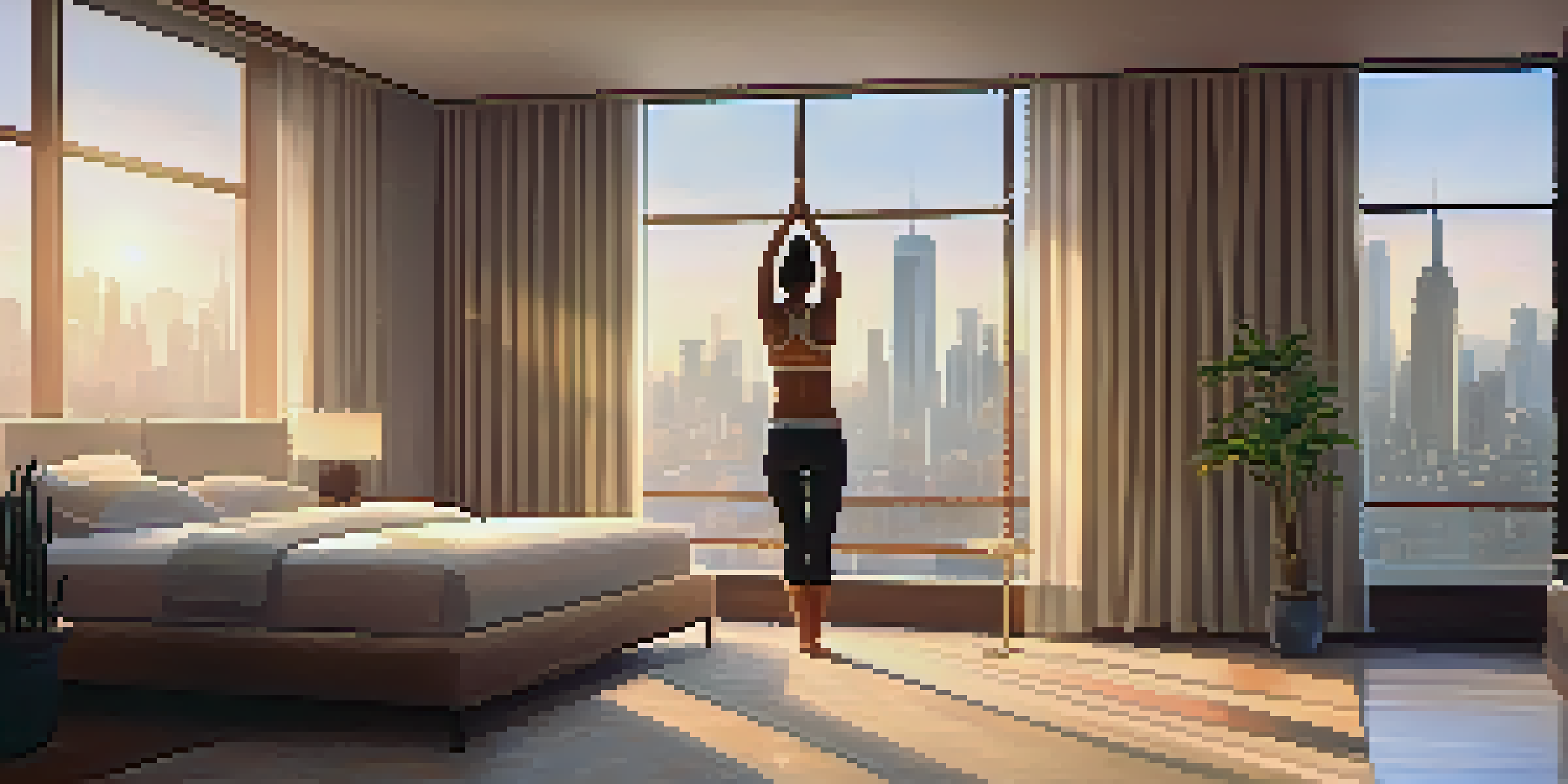 A person doing yoga stretches in a bright hotel room with a view of the city skyline.
