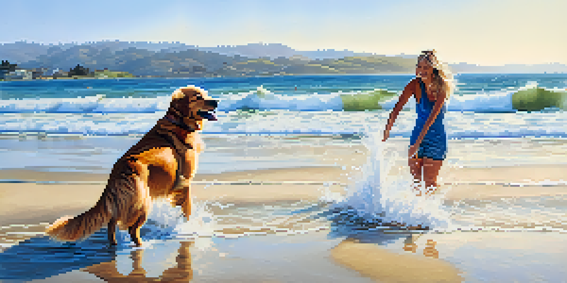 A golden retriever playing in the water at Carmel Beach, with humans relaxing in the background on a sunny day.