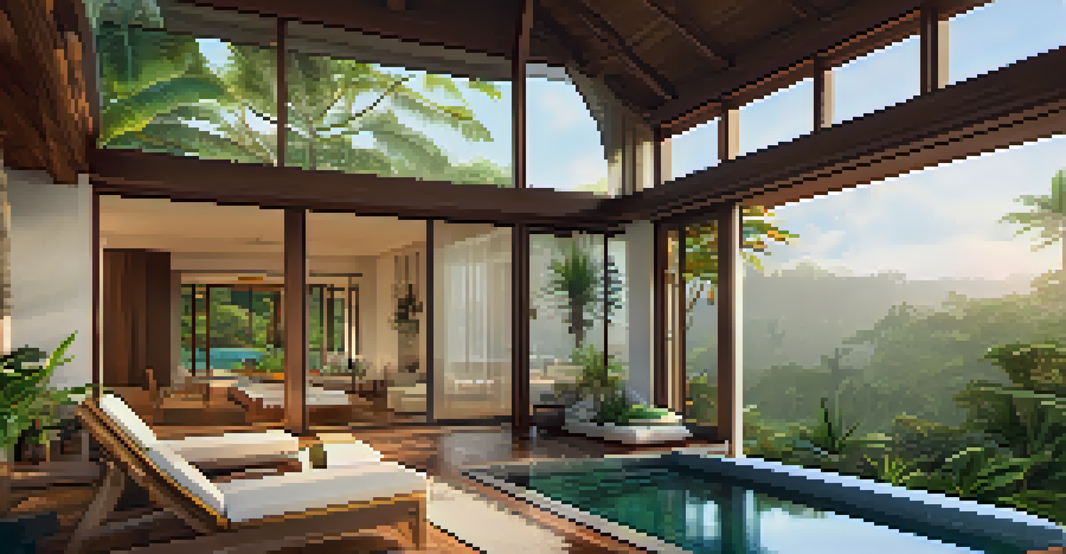 A modern villa in Bali with an infinity pool and lush gardens, designed for relaxation and yoga.