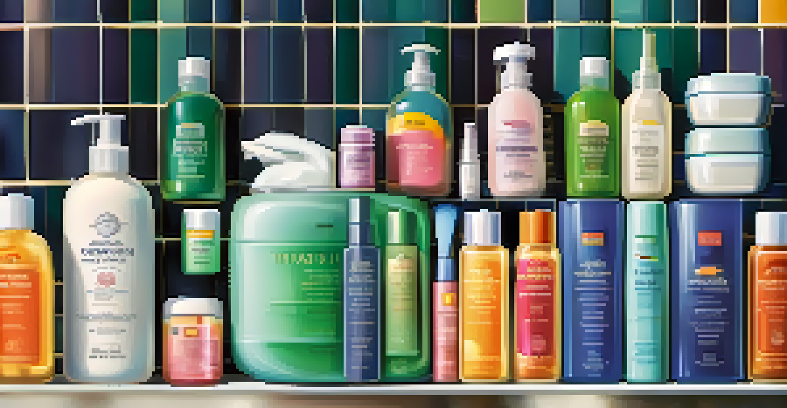 A close-up of refillable toiletries being organized on a bathroom counter, showing vibrant colors and a neat arrangement.