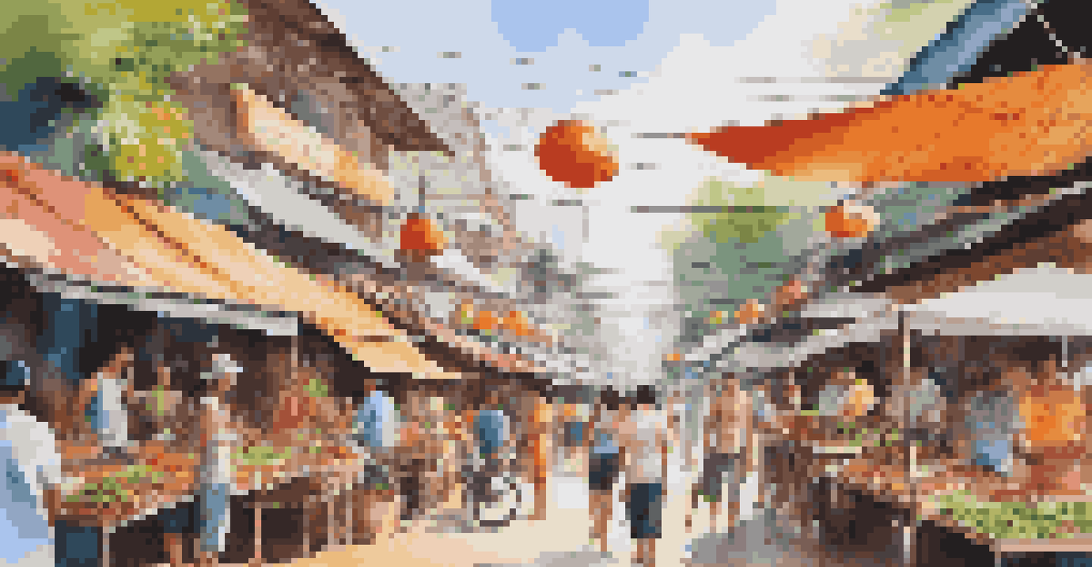 A lively food market during Songkran, showcasing stalls with traditional Thai dishes and people enjoying the festivities.