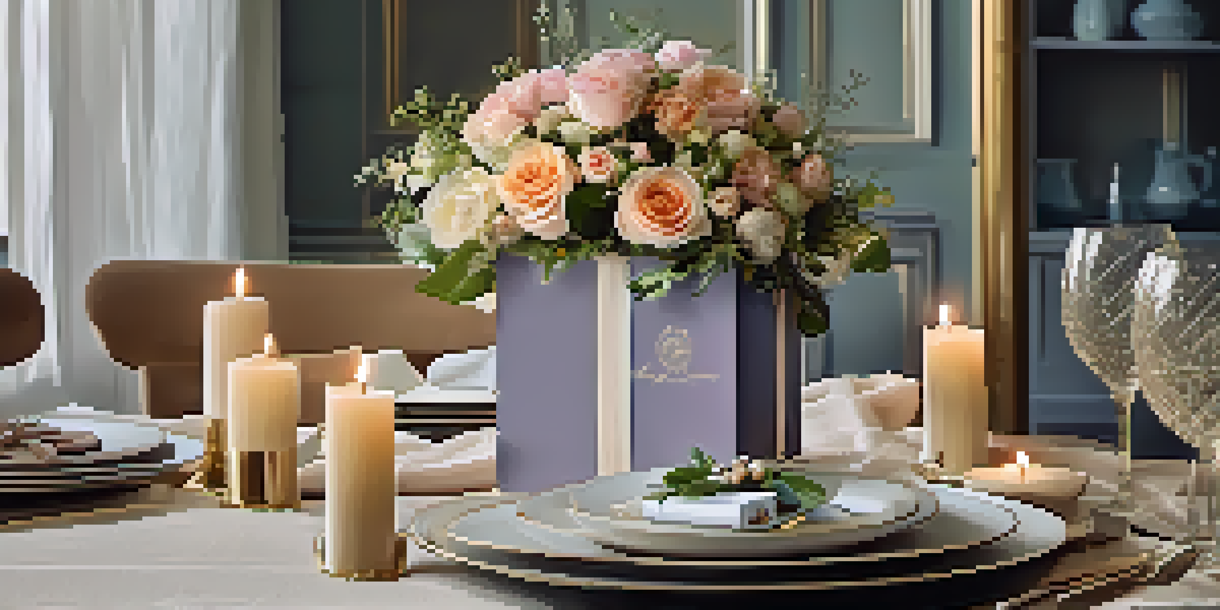 A beautifully wrapped gift on a dining table with flowers and candles, showcasing warmth and hospitality.