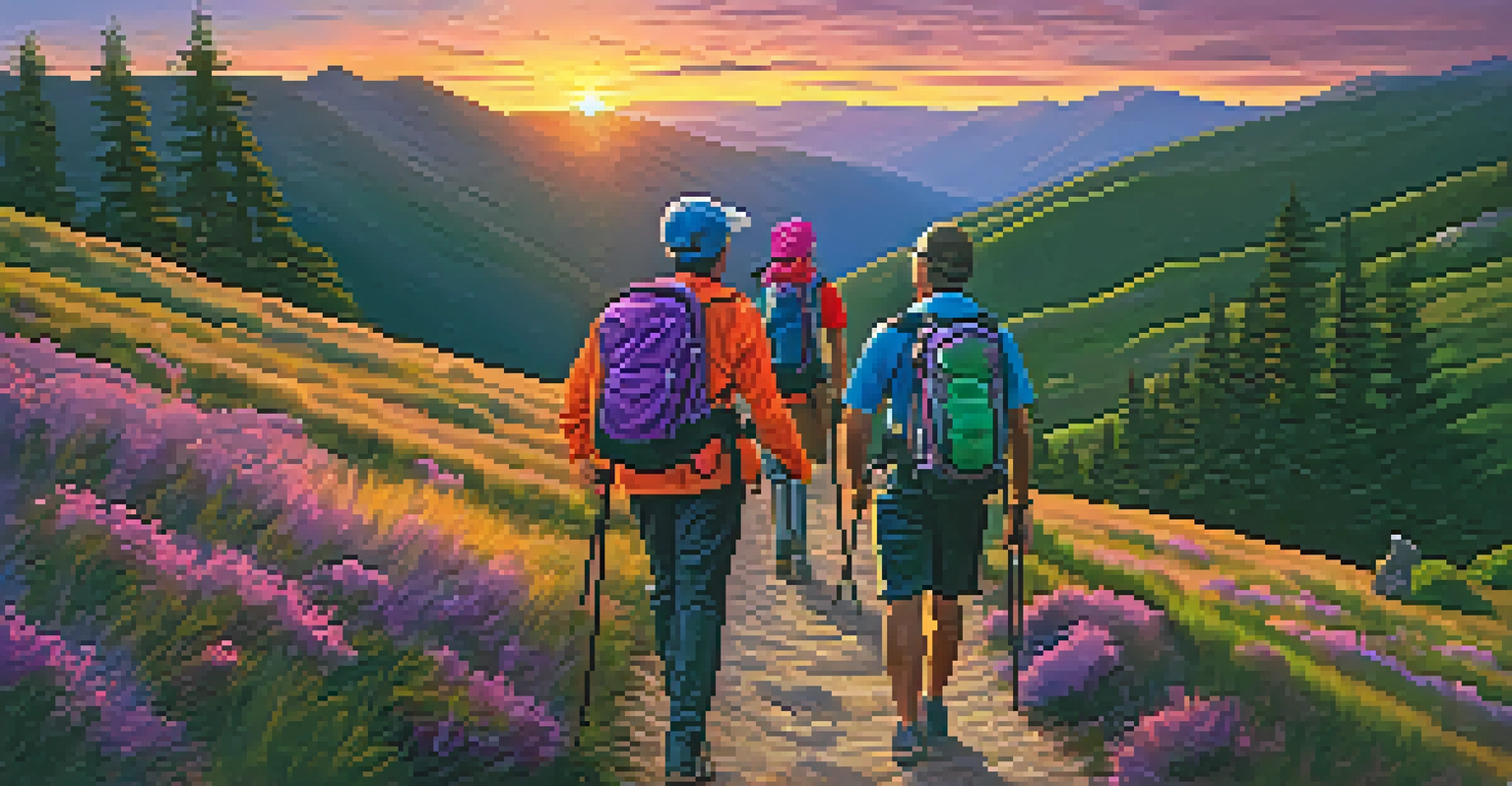 A group of hikers enjoying a scenic mountain trail during sunset, displaying teamwork and nature appreciation.