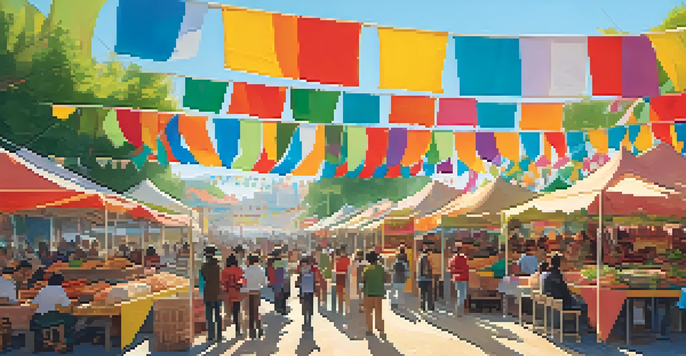 A lively food festival with stalls showcasing various local foods and diverse people sampling dishes under colorful banners.