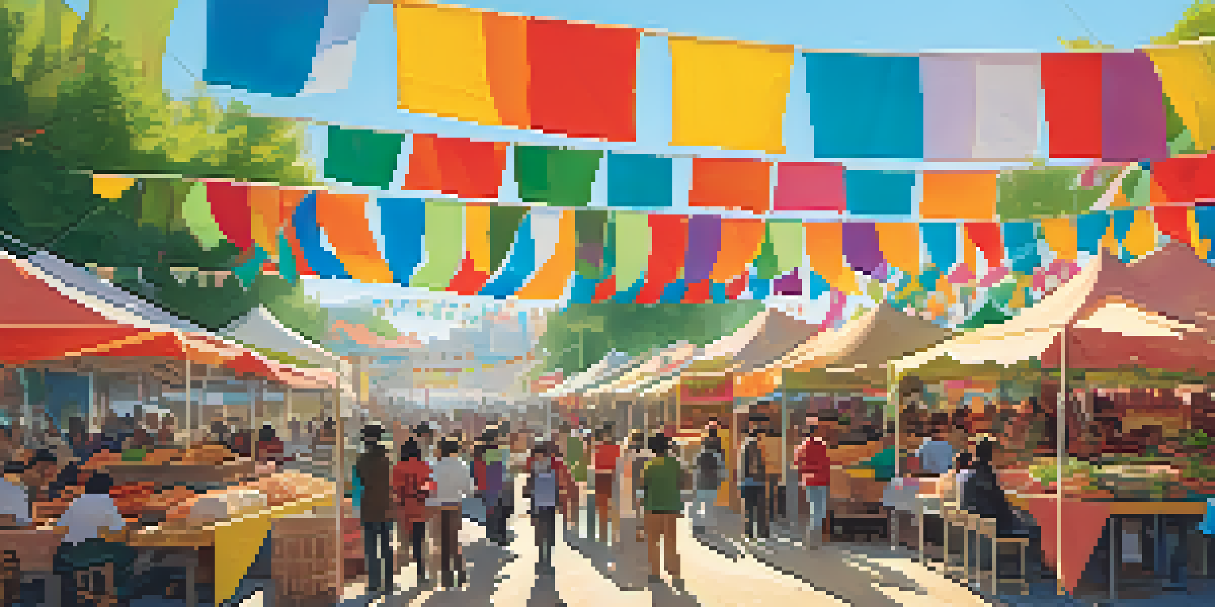 A lively food festival with stalls showcasing various local foods and diverse people sampling dishes under colorful banners.