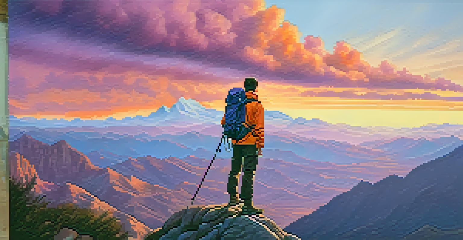 A hiker on a cliff at sunset, looking over a beautiful mountain landscape.