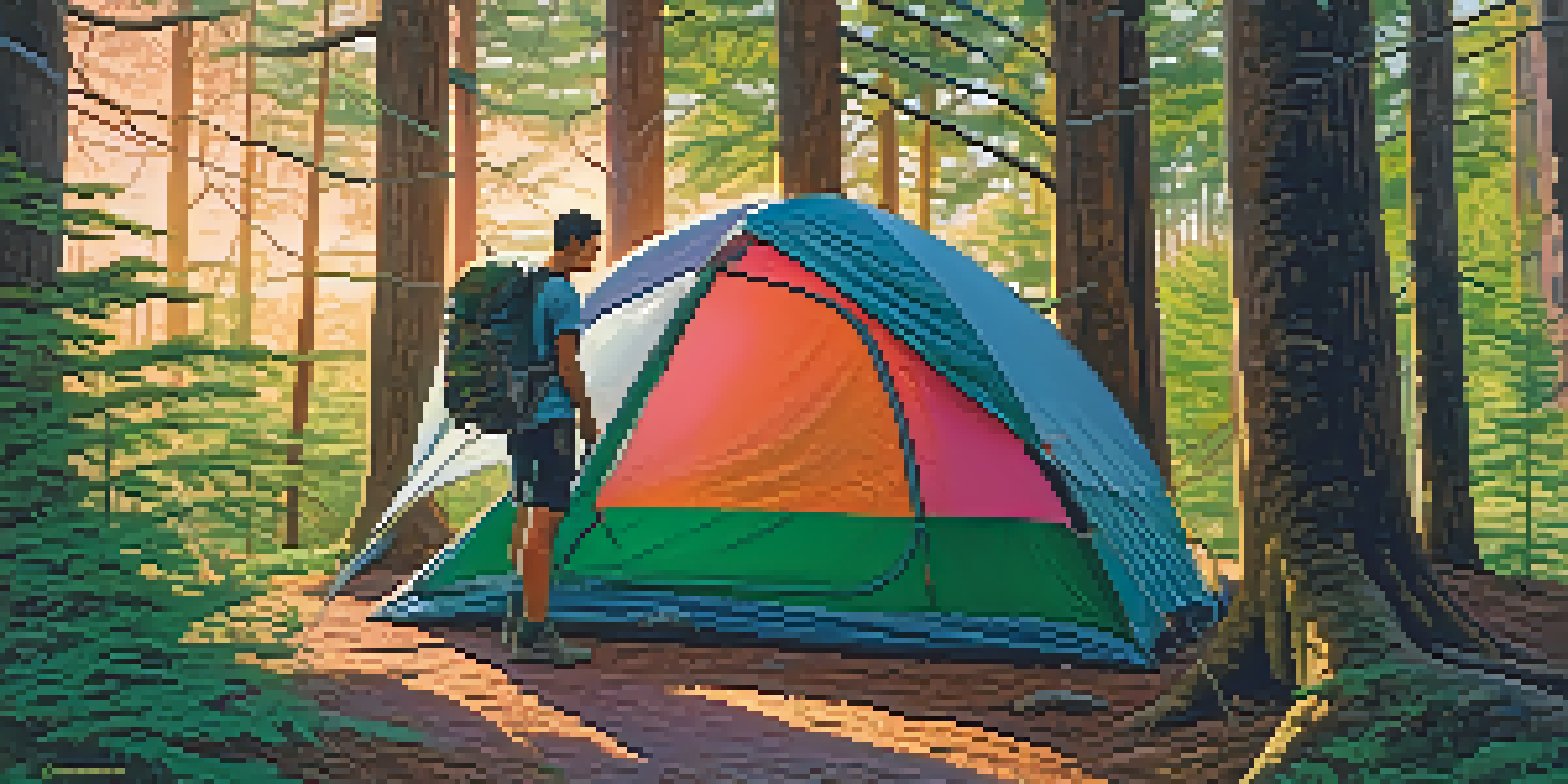 A hiker setting up a colorful tent in a green forest at sunset, with orange and pink hues in the sky.