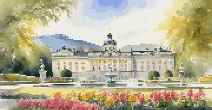A picturesque view of Mirabell Palace and Gardens, featuring colorful flowers and the Pegasus Fountain, with Hohensalzburg Fortress in the background under soft sunlight.