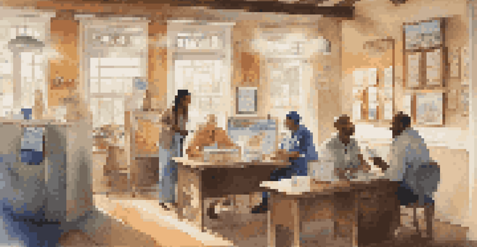 A healthcare provider talks to a group of diverse travelers in a welcoming travel clinic, with travel posters and a globe in the background.