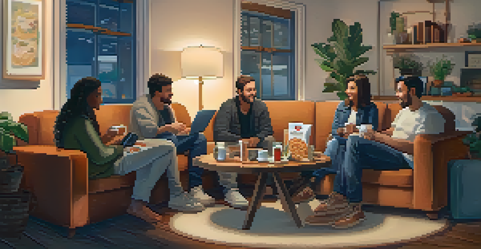 Friends gathered in a cozy living room, sharing travel photos and memories after a trip, creating a warm atmosphere.