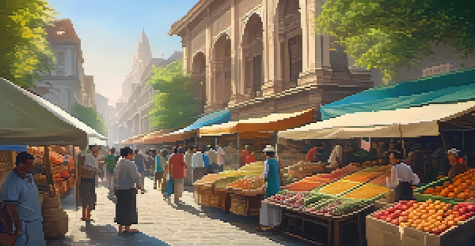 A lively city street market with colorful stalls, sunlight illuminating the scene, and people engaging with vendors.
