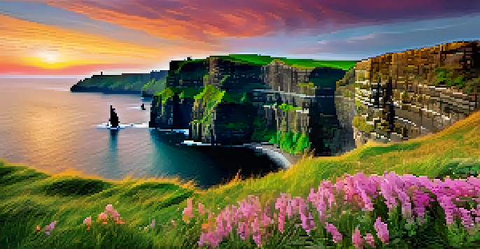 A vibrant sunset over the Cliffs of Moher in Ireland, with wildflowers in the foreground and the ocean waves crashing below.
