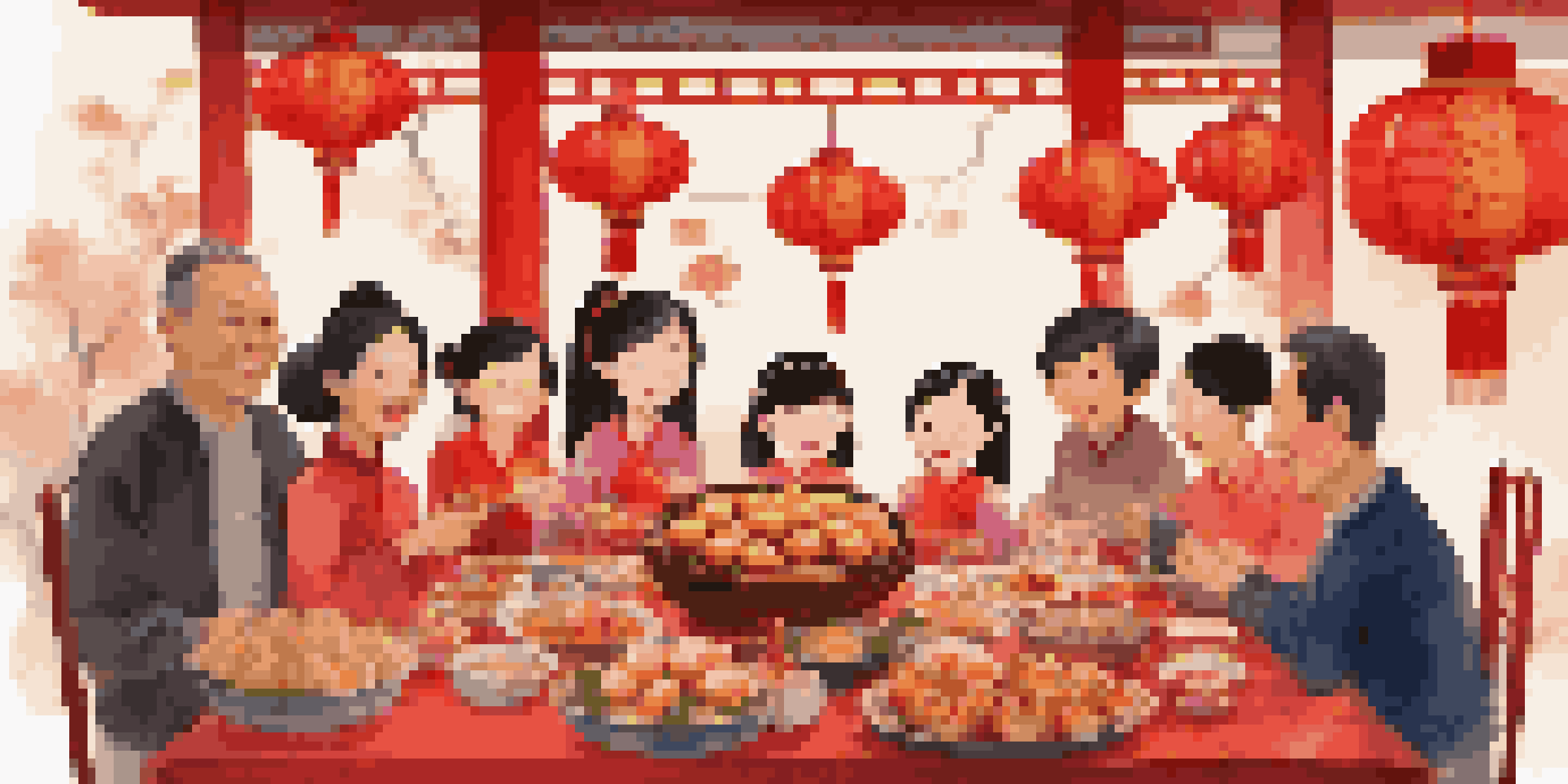 A family celebrating Chinese New Year around a dinner table filled with traditional dishes and red decorations, showcasing joy and togetherness.