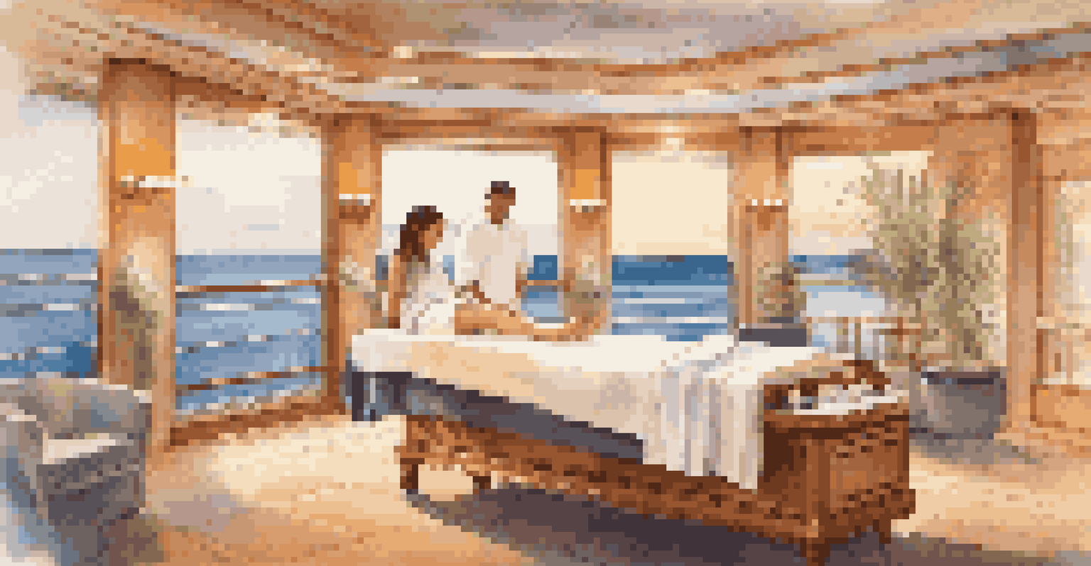 A peaceful spa area on a cruise ship with soft lighting and ocean views, featuring a person receiving a massage in a tranquil setting.