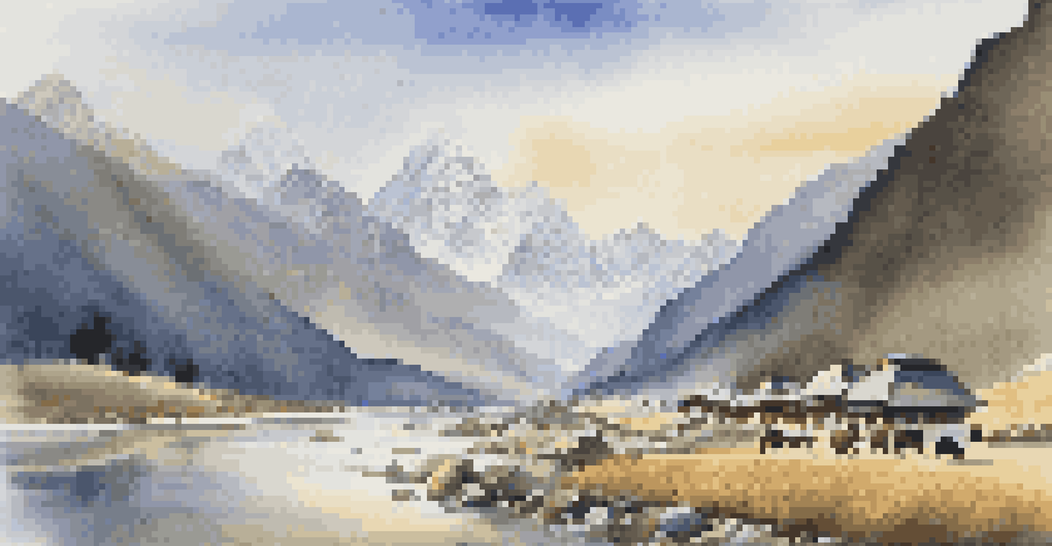 A magical trekking scene in Bhutan's Himalayas with towering peaks, ancient monasteries, a river, and grazing yaks in the foreground.